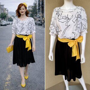 Vintage 80s Graphic Floral & Canary Sash Dress